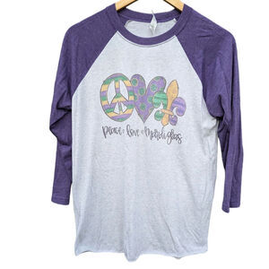 Peace Love Mardi Gras Women's S Long Sleeve Party T Shirt Spirit Jersey Purple